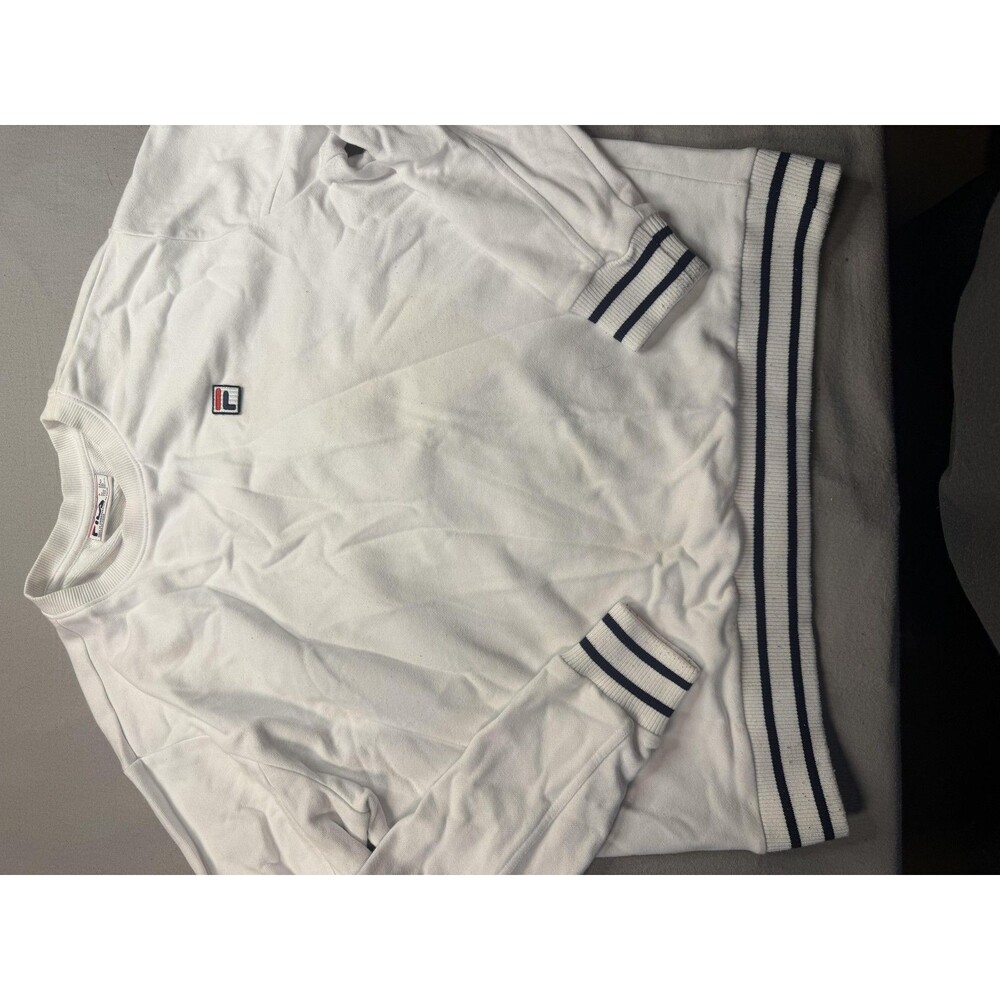 FILA Sweater Mens 2XL White Striped Cuff Hem Knit Crewneck Pullover Tennis